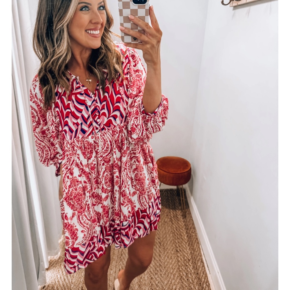 Entro Pink and White Patterned Midi Dress